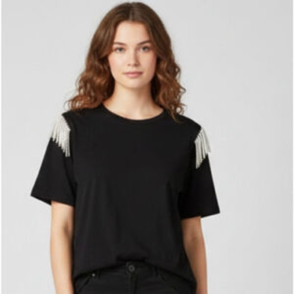 Joie Black Top with Silver Rhinestone Fringe Accents #quietluxury size medium